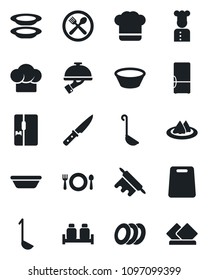 Set of vector isolated black icon - fridge vector, cook, serviette, cafe, hat, plates, waiter, salt and pepper, ladle, bowl, rolling pin, cutting board, knife