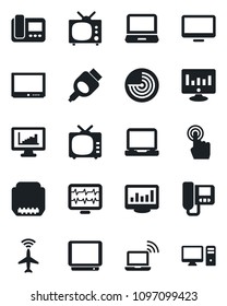 Set of vector isolated black icon - plane radar vector, wireless notebook, statistic monitor, pulse, tv, touch screen, laptop pc, hdmi, statistics, intercome