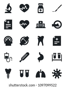 Set of vector isolated black icon - heart pulse vector, diagnosis, blood test vial, dropper, thermometer, microscope, pills bottle, scalpel, tomography, stomach, lungs, caries, implant, joint, virus