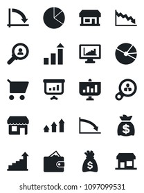 Set of vector isolated black icon - growth statistic vector, money bag, crisis graph, store, monitor statistics, pie, consumer search, arrow up, wallet, cart, presentation, storefront