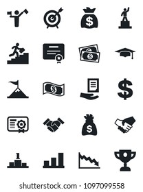 Set of vector isolated black icon - dispatcher vector, dollar sign, pedestal, graduate, money bag, document, cash, bar graph, handshake, career ladder, target, motivation, crisis, certificate