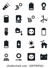Set of vector isolated black icon - bulb vector, oil barrel, battery, low, torch, brightness, charge, sun panel, windmill, home control, eco house, socket, water heater, energy saving