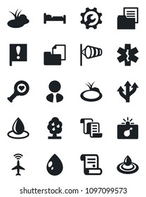 Set of vector isolated black icon - plane radar vector, bomb in case, bed, wind, contract, water drop, pond, heart diagnostic, ambulance star, route, important flag, folder document, root setup