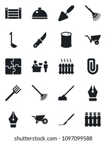 Set of vector isolated black icon - passport control vector, trowel, farm fork, rake, wheelbarrow, hoe, garden knife, scalpel, container, oil barrel, application, paper clip, ink pen, heater, dish