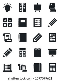 Set of vector isolated black icon - contract vector, calculator, abacus, notepad, presentation board, pencil, copybook, book, shining head