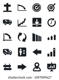 Set of vector isolated black icon - elevator vector, signpost, right arrow, left, growth statistic, crisis graph, navigation, sorting, update, download, moving, target, up, clock, presentation