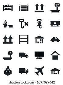 Set of vector isolated black icon - plane vector, truck trailer, car delivery, sea port, container, warehouse storage, up side sign, no hook, package, heavy scales, rack, railroad