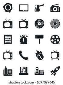 Set of vector isolated black icon - alarm clock vector, tv, abacus, stamp, plant label, reel, vinyl, flame disk, radio, phone, call, office, turkish coffee, rocket