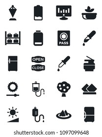 Set of vector isolated black icon - passport vector, luggage storage, pennant, statistic monitor, dropper, low battery, brightness, copier, fruit tree, serviette, salad, open close, fridge