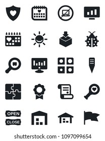Set of vector isolated black icon - no laptop vector, statistic monitor, contract, lady bug, plant label, heart diagnostic, shield, medical calendar, package, search cargo, application, sertificate