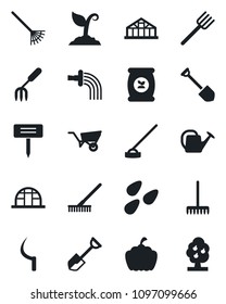 Set of vector isolated black icon - job vector, garden fork, shovel, farm, rake, watering can, wheelbarrow, sproute, hoe, sickle, plant label, pumpkin, greenhouse, seeds, fertilizer, fruit tree
