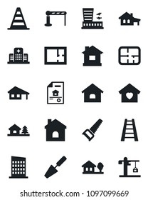 Set of vector isolated black icon - barrier vector, border cone, airport building, trowel, ladder, saw, house, hospital, with garage, tree, plan, estate document, sweet home, city, crane