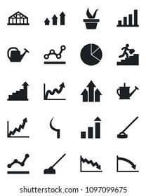 Set of vector isolated black icon - growth statistic vector, seedling, watering can, hoe, sickle, greenhouse, bar graph, pie, point, career ladder, arrow up, crisis