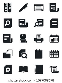 Set of vector isolated black icon - book vector, document search, pen, notepad, calendar, folder, news, copybook, printer, schedule, contract