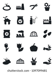 Set of vector isolated black icon - factory vector, flower in pot, seedling, pruner, pumpkin, greenhouse, seeds, pond, garden sprayer, fertilizer, tulip, eco house, palm sproute