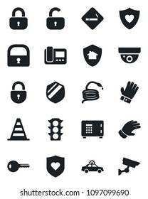 Set of vector isolated black icon - smoking place vector, alarm car, border cone, safe, lock, glove, hose, heart shield, traffic light, key, intercome, home protect, surveillance