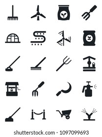 Set of vector isolated black icon - fence vector, garden fork, farm, rake, wheelbarrow, well, hoe, sickle, greenhouse, sprayer, fertilizer, drip irrigation, windmill