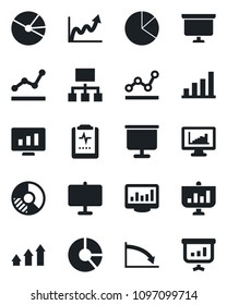 Set of vector isolated black icon - presentation board vector, statistic monitor, circle chart, pulse clipboard, statistics, bar graph, pie, point, arrow up, growth, crisis, hierarchy