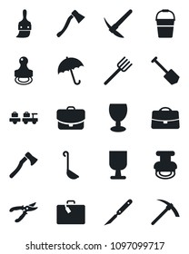 Set of vector isolated black icon - suitcase vector, umbrella, baggage larry, job, farm fork, bucket, pruner, axe, scalpel, fragile, themes, case, stamp, ladle, hard work