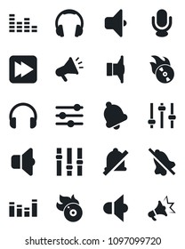 Set of vector isolated black icon - flame disk vector, speaker, settings, equalizer, microphone, headphones, fast forward, tuning, bell, mute, sound, advertising
