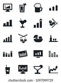 Set of vector isolated black icon - growth statistic vector, monitor, barcode, equalizer, statistics, bar graph, alcohol, cocktail, phyto, beer, salad, sushi, arrow up