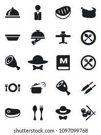 Set of vector isolated black icon - spoon and fork vector, waiter, dish, restaurant table, cafe, menu, dress code, chicken, steak, kebab, ham, bowl, steaming pan, sushi