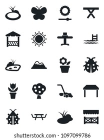 Set of vector isolated black icon - sun vector, flower in pot, lawn mower, butterfly, lady bug, pond, picnic table, brightness, pool, fruit tree, mountains, restaurant, alcove