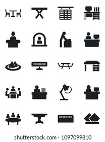 Set of vector isolated black icon - cafe vector, baby room, reception, flight table, desk, meeting, manager place, picnic, lamp, serviette, reserved