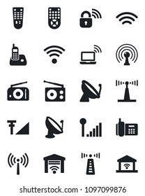 Set of vector isolated black icon - antenna vector, satellite, wireless notebook, office phone, radio, remote control, cellular signal, lock, garage gate