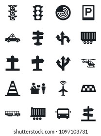 Set of vector isolated black icon - plane radar vector, taxi, airport bus, parking, passport control, alarm car, border cone, helicopter, route, signpost, traffic light, truck trailer, guidepost