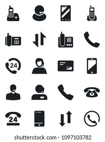 Set of vector isolated black icon - mobile phone vector, office, 24 hours, support, cell, radio, mail, call, data exchange