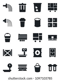 Set of vector isolated black icon - trash bin vector, checkroom, bucket, watering, railroad, truck trailer, container, consolidated cargo, oil barrel, heavy scales, archive box, water filter