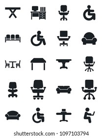 Set of vector isolated black icon - cafe vector, waiting area, disabled, office chair, desk, picnic table, cushioned furniture, restaurant, man with notebook
