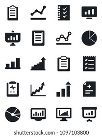 Set of vector isolated black icon - growth statistic vector, monitor, diagnosis, pulse clipboard, statistics, bar graph, pie, checklist, point, presentation