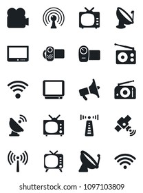 Set of vector isolated black icon - antenna vector, satellite, radio, loudspeaker, tv, video camera, wireless
