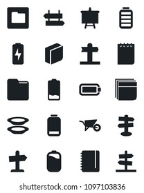 Set of vector isolated black icon - signpost vector, notepad, presentation board, wheelbarrow, battery, low, folder, charge, blank box, plates, guidepost