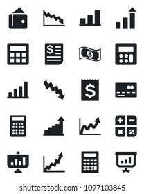 Set of vector isolated black icon - credit card vector, growth statistic, calculator, crisis graph, receipt, bar, wallet, cash, presentation