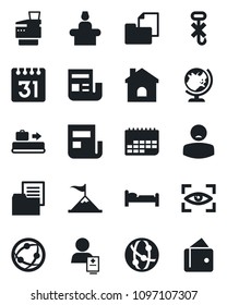 Set of vector isolated black icon - baggage conveyor vector, reception, globe, bed, house, patient, term, folder document, no hook, network, calendar, news, copier, eye scan, motivation, wallet