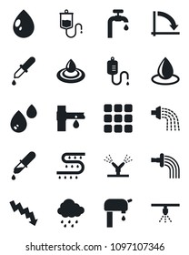 Set of vector isolated black icon - crisis graph vector, watering, water drop, rain, drip irrigation, dropper, menu, supply, sprinkler