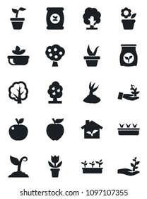 Set of vector isolated black icon - flower in pot vector, seedling, tree, sproute, fertilizer, fruit, salad, apple, eco house, palm