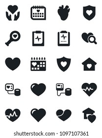 Set of vector isolated black icon - heart vector, pulse, blood pressure, diagnostic, shield, hand, real, medical calendar, clipboard, sweet home