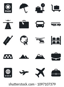 Set of vector isolated black icon - runway vector, taxi, suitcase, baggage trolley, airport bus, umbrella, passport, helicopter, luggage storage, scales, plane globe, mountains, case
