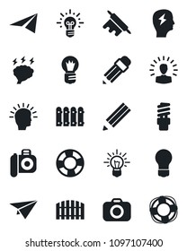 Set of vector isolated black icon - brainstorm vector, bulb, camera, pencil, fence, rolling pin, energy saving, shining head, idea, paper plane, crisis management
