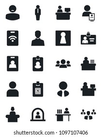 Set of vector isolated black icon - female vector, reception, manager, identity card, place, patient, user, desk, estate agent, pass, group