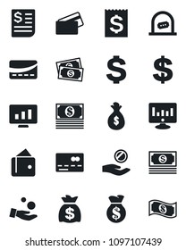 Set of vector isolated black icon - credit card vector, ticket office, dollar sign, money bag, statistic monitor, cash, receipt, wallet, investment