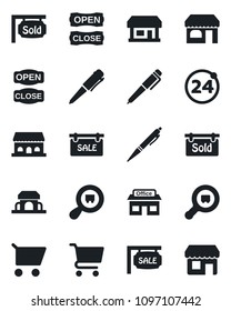 Set of vector isolated black icon - 24 around vector, shop, pen, store, search cargo, sale, sold signboard, cafe building, open close, cart, storefront