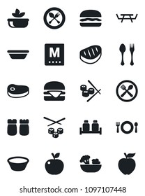 Set of vector isolated black icon - spoon and fork vector, picnic table, cafe, menu, salad, salt pepper, steak, hamburger, bowl, sushi, apple fruit