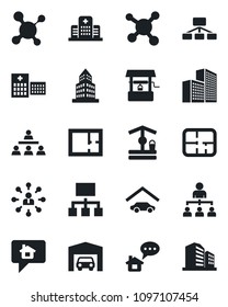 Set of vector isolated black icon - hierarchy vector, well, molecule, hospital, office building, garage, plan, home message