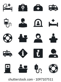 Set of vector isolated black icon - reception vector, medical room, manager place, doctor case, dropper, ambulance car, hospital bed, support, information, crisis management