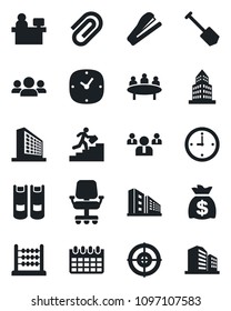 Set of vector isolated black icon - office building vector, book, team, money bag, meeting, manager place, calendar, job, clock, paper clip, abacus, target, career ladder, stapler, group, chair